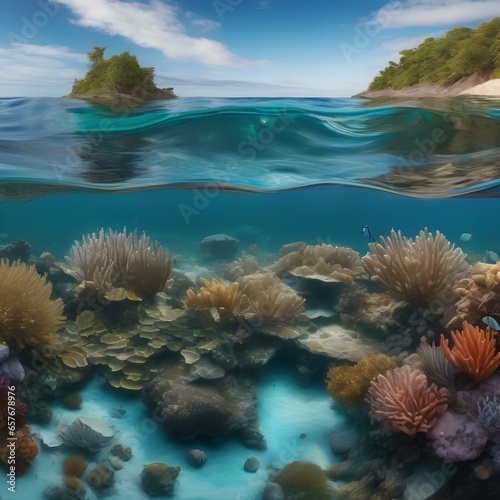 A panoramic view of a coastal ecosystem with a diverse range of marine life in crystal-clear waters3