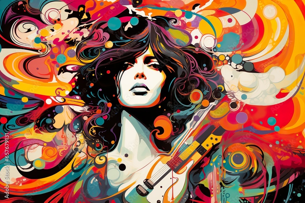 Portrait of a girl with flying hair in a fashionable combination of pop- art and groovy styles on a bright background of round flying shapes. Illustration, poster, retro 70s style