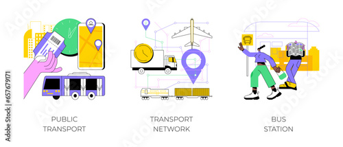 Urban transportation abstract concept vector illustration set. Public transport, transport network, bus station, buy ticket, car traffic, smart city, rush hour, passenger abstract metaphor.