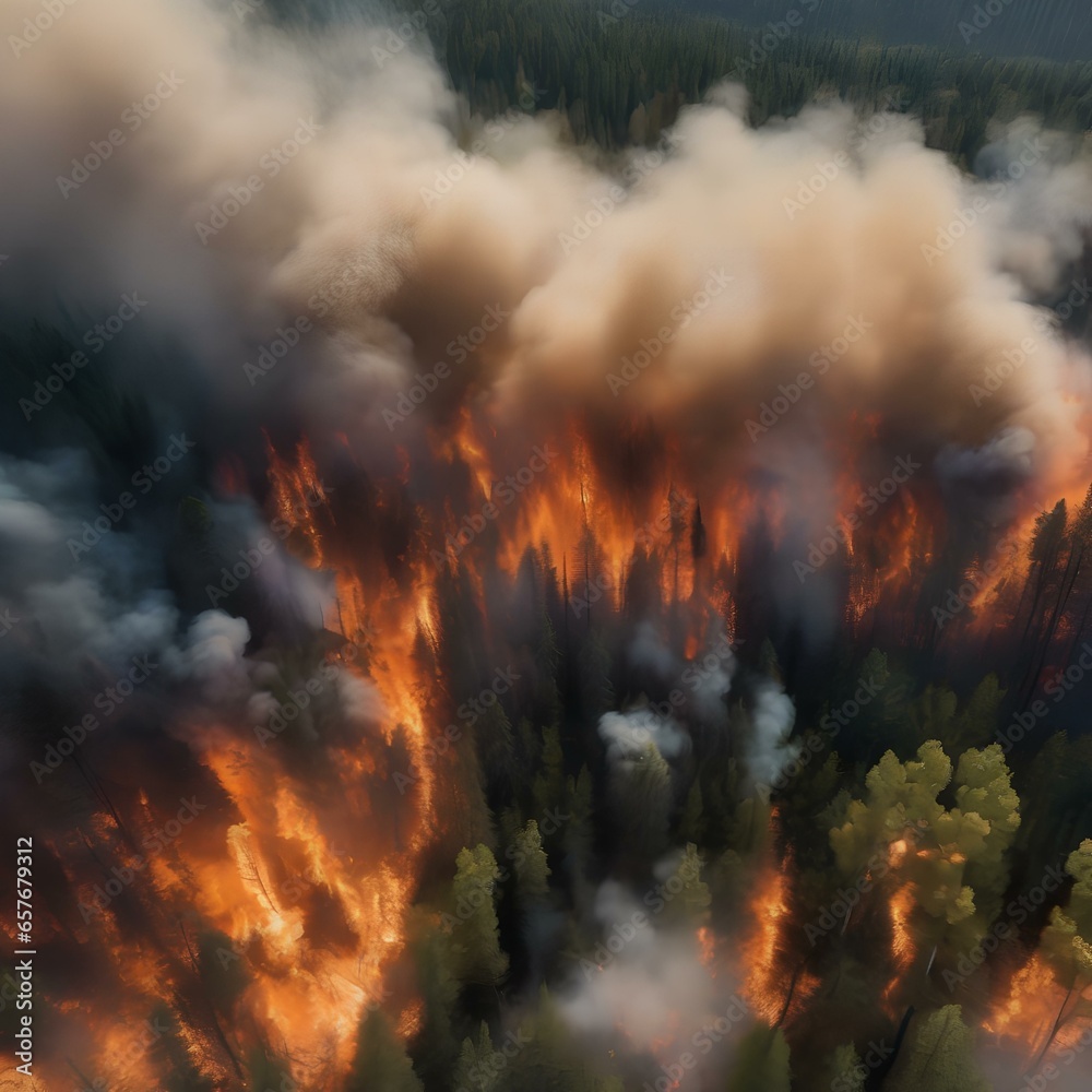 A satellite image of a wildfire spreading rapidly through a forest, releasing plumes of smoke4