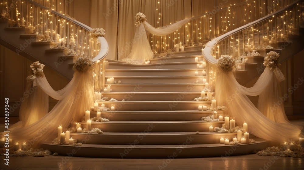 a staircase wrapped in delicate string lights that cast a warm and inviting glow. subtle and minimalist decor elements, such as a few well-placed bows or ribbons. a staircase wrapped in delicate string lights that cast a warm and inviting glow. subtle and minimalist decor elements, such as a few well-placed bows or ribbons.