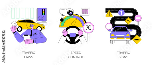 Vehicle movement regulation abstract concept vector illustration set. Traffic laws, speed control, traffic signs, driving license, road safety, police radar, speed limit, transport abstract metaphor. photo