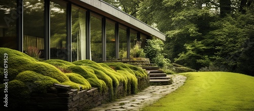 Modern house with green moss walls next to a beautiful garden
