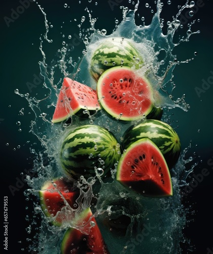 Watermelon fruits falling into the water, splashing