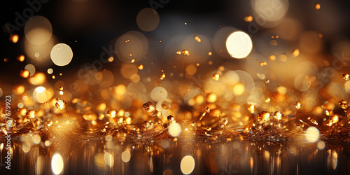 Dark Yellow Color Defocused Macro Sparks Fall and Sparkle in Ray of Light Glitter Background