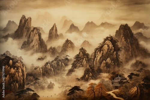 Traditional Chinese artwork depicting majestic mountains and ethereal clouds. Generative AI