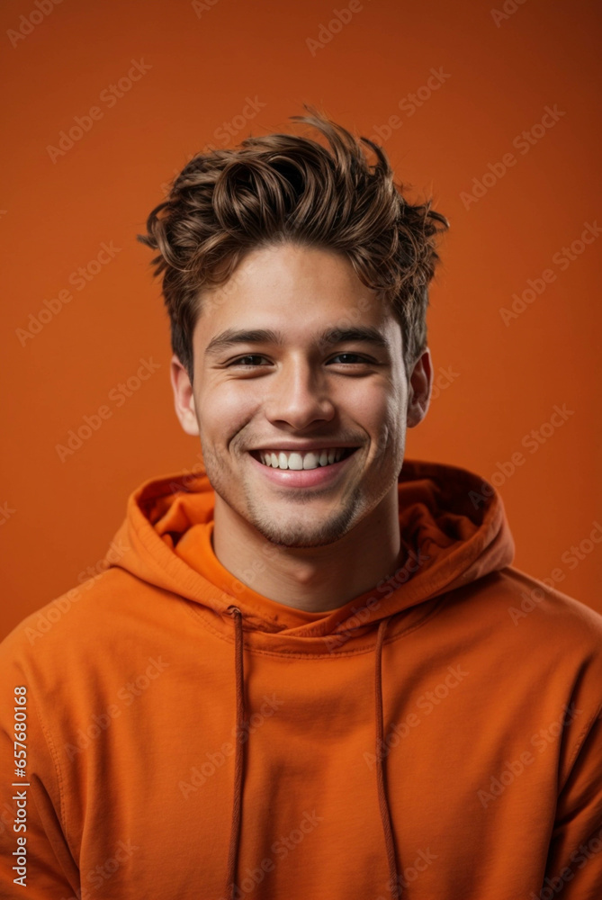 Obraz premium Vertical portrait of a happy young Caucasian man, smiling and laughing, dressed in comfortable clothes and orange sweatshirt for clothing sale mockup and print on demand. orange background