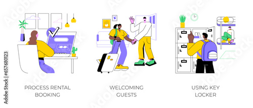 Vacation rentals isolated cartoon vector illustrations set. Woman processing online booking, smiling host welcoming guests, customer using key locker, self check-in, hospitality vector cartoon.