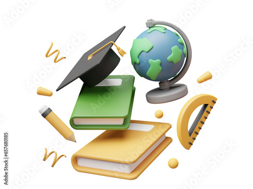 3d floating book, graduation cap, globe, ruler and pencil, graduation, school and education illustration