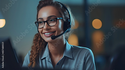 Call center women smiled working and providing service with courtesy and attention front of laptop, Female operator giving advice to customer. Generative Ai