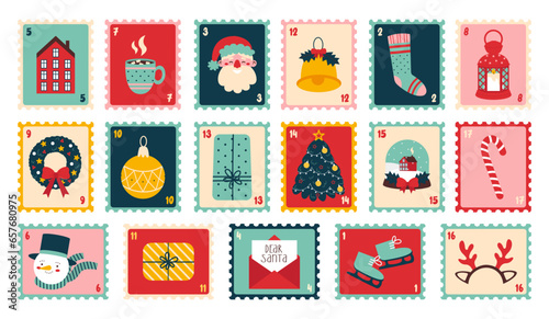 Set of cute christmas postage stamps isolated on white background.