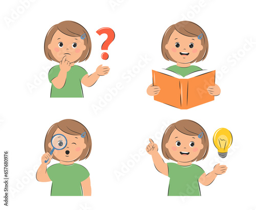 Girl kid thinks, reads a textbook, looks through a magnifying glass, finds an answer or an idea. Knowledge and education concept. Set of vector illustrations for children's design or school.