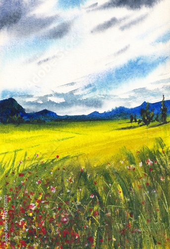 landscape in the mountains, Mountain side landscape watercolor painting