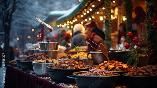 a vendor's stall filled with an array of holiday goodies, from handmade crafts to festive treats. the vibrant colors and textures of the items for sale.