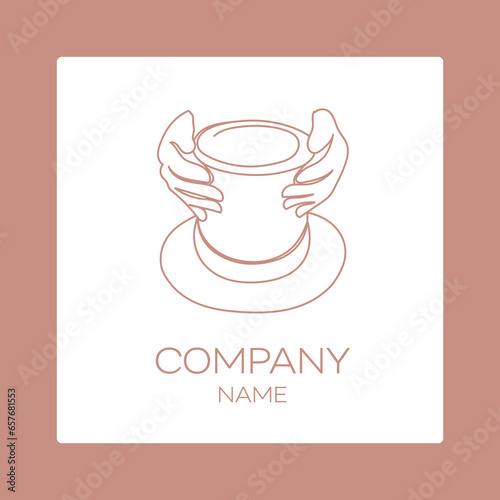 Logo in outline of hands making ceramic on a potter's wheel in doodle style. Hands make ceramic in continuous line style logo. The process of making clay products.