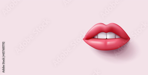 3d realistic beautiful women's lips with pink lipstick and smile isolated on pastel pink background. render vector.
