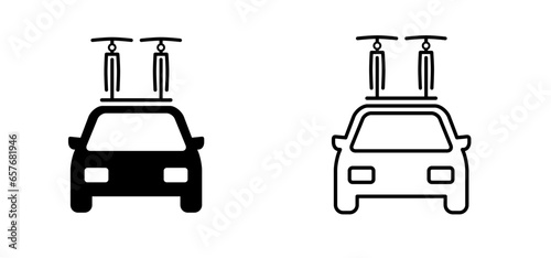 Cartoon car side view and bicycle. Cyclist or bike on cars to holiday. vacation sport time. Car with bicycle on the roof rack. For tourists on the road or city. Cycle with bikes roof rack.