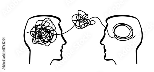 Cartoon brainstorming and mental problem solving, psychotherapy Concept. Complete and total confusion or lack of order. Brains with tangled knot and order in one man's head. Scribbles. Chaos path.