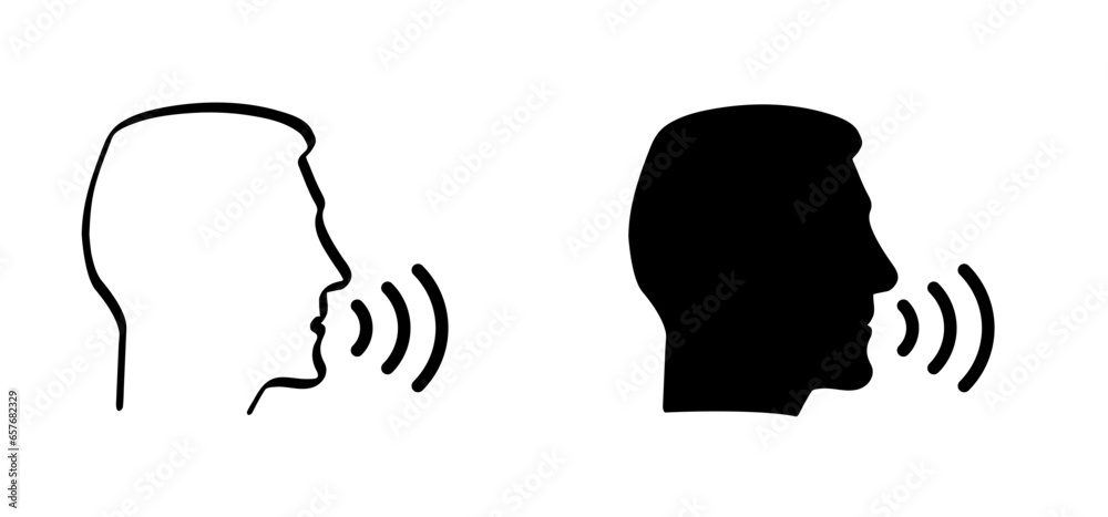 Cartoon face profile talk icon. Conversation speech Icon silhouette heads. Head in Profile speak, communication pictogram. People face are talking icon or sign. Assistance vector icon. Voice sign. - obrazy, fototapety, plakaty 