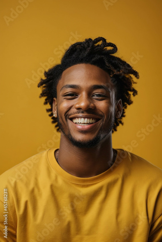 Vertical portrait of happy young afroamerican man, smiling and laughing, dressed in comfortable clothes, yellow sweatshirt. Yellow background