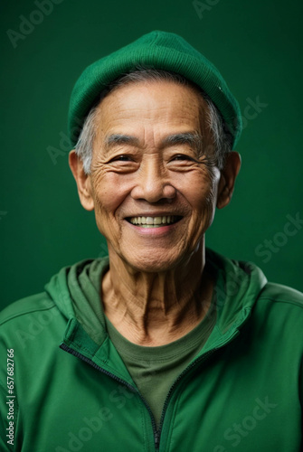 Vertical portrait of a happy old man asian American woman, smiling and laughing, wearing comfortable clothes and green sweatshirt. green background
