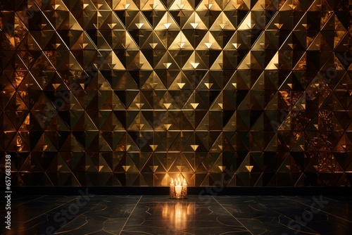 Gilded tiles form a diamond-shaped wall against a lavish gold backdrop. Generative AI photo