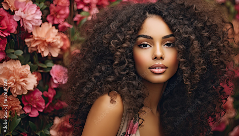 Fototapeta premium Portrait of a beautiful smiling African young woman with curly hair on a floral background.