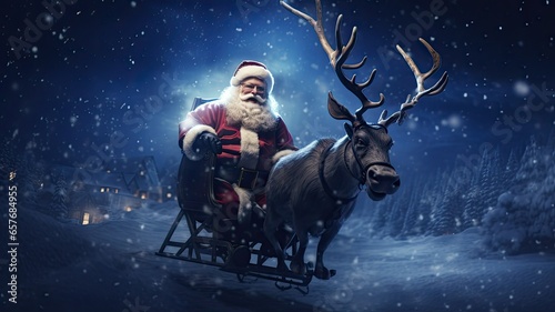 Santa Claus in his sleigh, ready to take flight on Christmas Eve. a dynamic the sleigh, reindeer, and Santa in his traditional outfit against a starry, moonlit night sky.