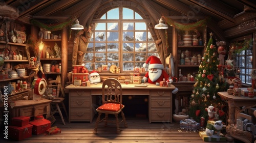 Santa Claus in his whimsical workshop, crafting toys and checking his list. the cozy, clutter-free environment where the magic happens, with a minimalist, modern twist.