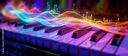 musical notes in sound waves with neon colors on a piano musical instrument photo