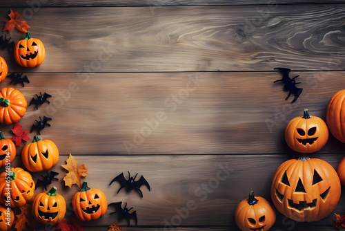 Halloween decoration, orange pumpkin, ghost, bat and spider on pastel wooden background with space for text. Halloween concept