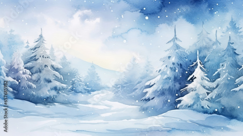 Winter forest landscape watercolor illustration © Venka