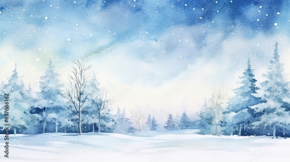 Winter forest landscape watercolor illustration