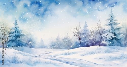 Winter forest landscape watercolor illustration © Veniamin Kraskov