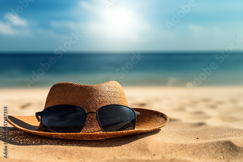 The close up detail of a beach straw hat and fashion sunglasses place on an outdoor table near a beach, sea, and bright blue sky in summer, Generative AI.