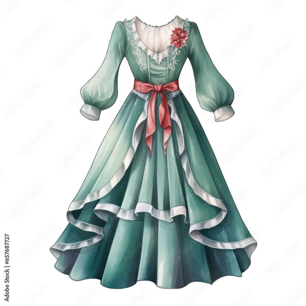Fancy green holiday Christmas dress on a white background