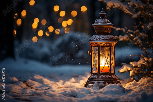 Magical Christmas Lamp shining brightly in snow-covered winter wonderland