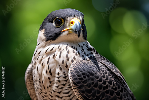 The side view portrait of a red with black pattern falcon looking right isolated on blurred background, Generative AI.