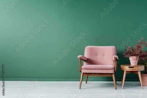 interior design of pink room with green armchair, rug and side table. generative ai.
