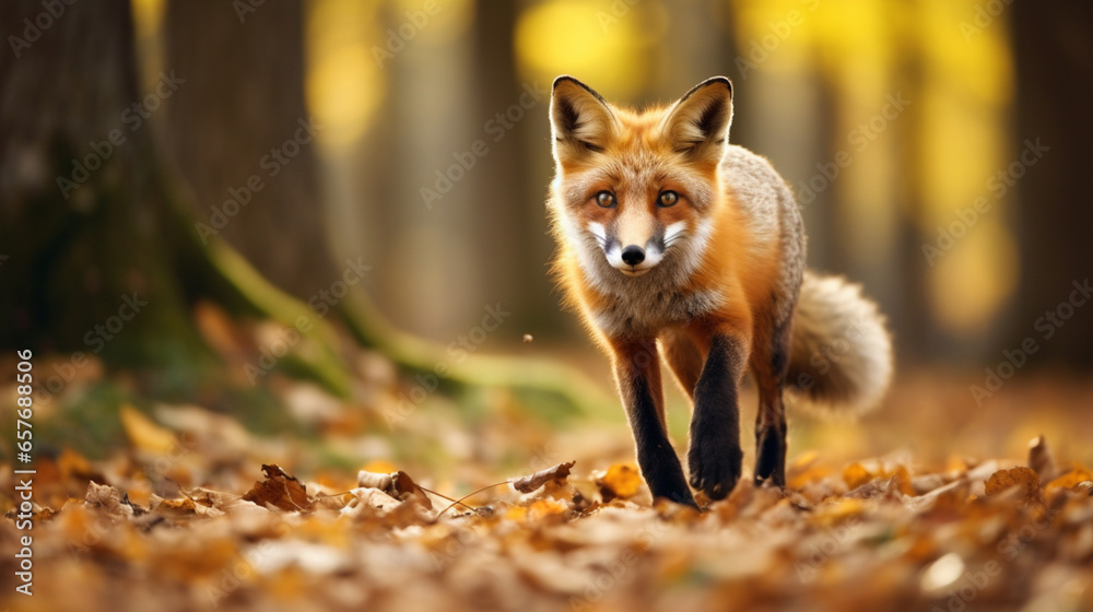 Cute Red Fox, Vulpes vulpes in fall forest. Beautiful animal in the nature habitat. Wildlife scene