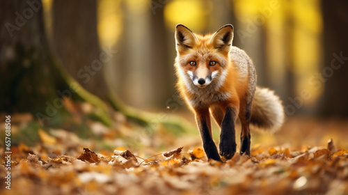 Cute Red Fox  Vulpes vulpes in fall forest. Beautiful animal in the nature habitat. Wildlife scene