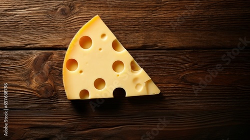 Delicious Swiss Cheese Photorealistic Horizontal Background. Creamy Milk Product. Ai Generated Background with Gourmet Tasty Swiss Cheese On Wooden Countertop with Copy Space.