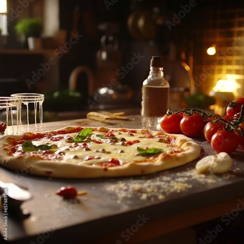 Pizza with mozzarella, tomatoes and basil in a fireplace