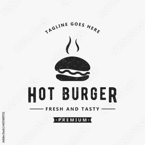 Retro vintage hot burger fresh and tasty logo design. Logo for restaurant, business, label, badge and emblem.