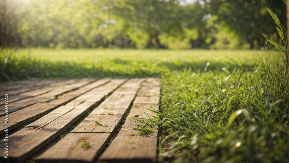 Natural backdrop featuring aged wooden planks juxtaposed with vibrant young grass Natural backdrop featuring aged wooden planks juxtaposed with vibrant young grass