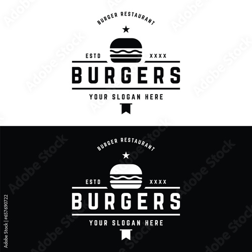 Retro vintage hot burger fresh and tasty logo design. Logo for restaurant, business, label, badge and emblem.