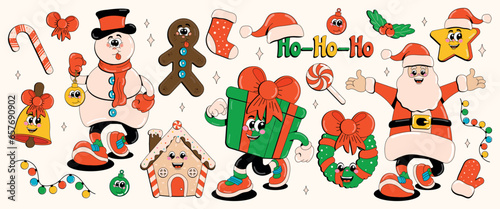  Funny Christmas themed retro cartoon characters Snowman, Santa Claus, gift, star, bell, New Year's wreath. Vector illustration in 60-80s style.