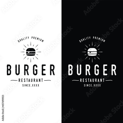 Retro vintage hot burger fresh and tasty logo design. Logo for restaurant  business  label  badge and emblem.