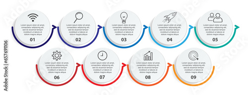 Business Infographic Template Design. minimal concept Timeline with 9 steps, options and marketing icons. Vector linear infographic with nine connected elements. Can be used for presentations on your  photo