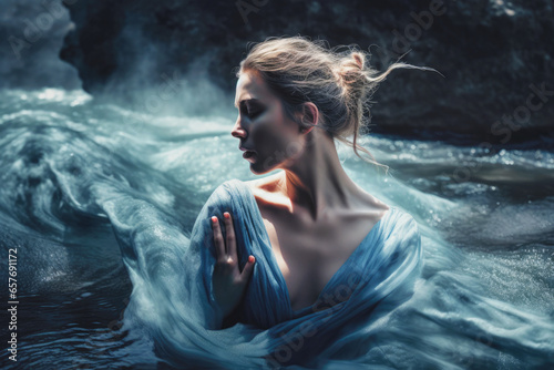 A mythical water nymph taking a bath inside a river in ancient Greece (Generative AI)